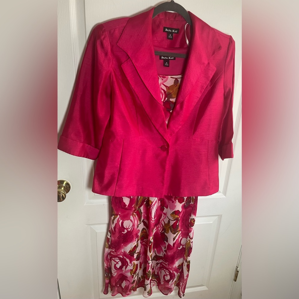 Dana Kay Vibrant Pink Blazer and Floral Dress Set Sz 10
